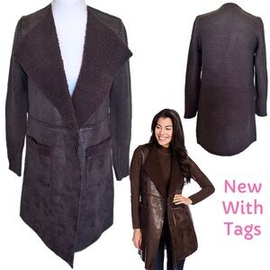 NWT Sweater Coat Pockets Faux Leather Sherpa Brown tones Tag XS fits Sm / Med